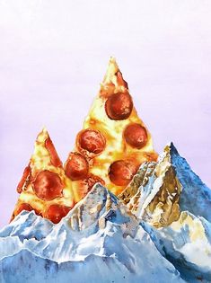 two pieces of pizza on top of each other in front of the mountain peaks