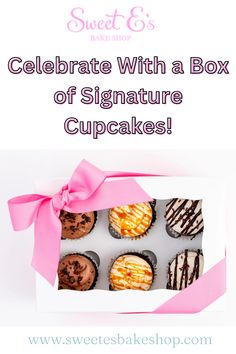 a box of signature cupcakes with the words sweet g's celebrate with a box of signature cupcakes