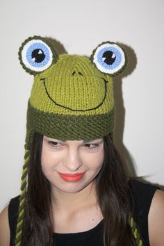 Happy frog Handmade Frog Hat for babies/children and adults Green Frog Earflap Hat Green Frog Fun Adjustable Knitted Beanie, Playful Crochet Cap, Playful Hand-knitted Beanie, Handmade Playful Green Hats, Playful Green Crochet Hat For Winter, Playful Knitted Cap, Green Fun Crochet Hat For Winter, Fun Green Crochet Hat For Winter, Green Fun Crochet Hat, One Size