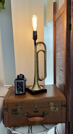 an old brass trumpet sits on top of a suitcase with a camera next to it