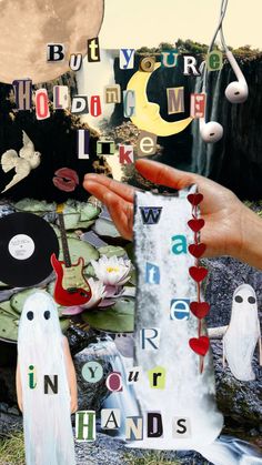 two hands holding up an altered collage with music and other things on it, including a record player