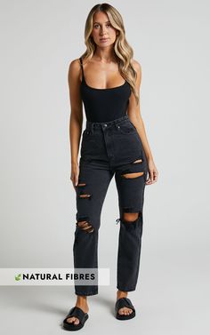 Billie Jeans - High Waisted Cotton Distressed Mom Denim Jeans in Black Wash | Showpo USA Edgy Straight Leg Jeans For Night Out, Chic Ripped Jeans For Streetwear, Trendy Distressed Jeans For Night Out, Trendy Black Cutoff Jeans, Edgy Ripped Washed Black Jeans, High Waist Jeans With Frayed Hem For Night Out, Ripped Washed Black Bottoms For Fall, Washed Black Ripped Bottoms For Fall, Fall Ripped Washed Black Bottoms