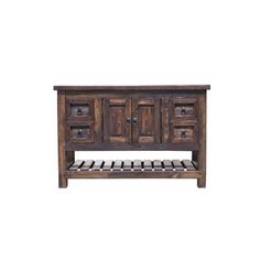 an old wooden bed frame with drawers on the bottom and bottom shelf, against a white background