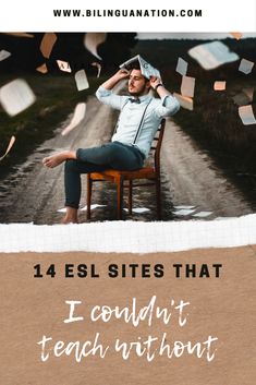 a man sitting on top of a wooden chair in front of a dirt road and confetti falling from the sky