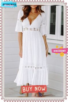 Women's Swing Dress Midi Dress - Half Sleeve Solid Colored Summer Spring & Summer V Neck Hot Beach Vacation Dresses Flare Cuff Sleeve White / Sexy White Dresses V-neck Lace Patchwork Dresses For Vacation, Summer Knee-length Midi Dress With Lace Trim, Summer Knee-length Lace Trim Midi Dress, Summer Lace Trim Midi Dress Knee-length, White Hollow Out Maxi Dress For Spring, White Non-stretch Maxi Dress For Beach, Non-stretch White Maxi Dress For Beach, Fitted V-neck Boho Dress For Beach, Summer Midi Dress With Hollow Out Detail