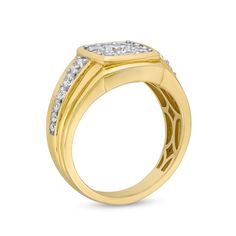 a yellow gold ring with two rows of diamonds on the band and an oval shaped center stone