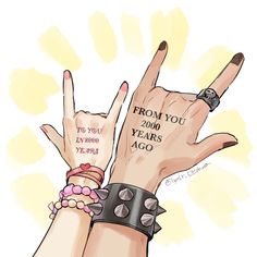 two hands with tattoos and bracelets making the peace sign for you from 2000 years ago