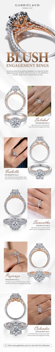 Blush Engagement Rings.
An intricate diamond encrusted rose gold gallery in an otherwise all white setting distinguishes the Blush collection from the rest. The subtle hint of rose adds a unique touch of romantic flair to her ring.
ER13954R6T83JJ,ER13829R4T44JJ,ER12827C4T44JJ,ER15224R4T44JJ,ER15767R4T44JJ Radiant Cut Diamond Wedding Ring With Accents In White, White Radiant Cut Ring With Diamond Accents, Elegant White Asscher Cut Halo Ring, White Asscher Cut Halo Ring, White Asscher Cut Promise Ring, White Radiant Cut Wedding Ring With Halo Setting, White Asscher Cut Halo Ring For Wedding, White Radiant Cut Halo Ring For Wedding, White Asscher Cut Halo Ring With Center Stone