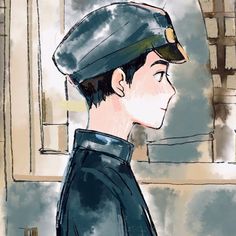 a drawing of a man wearing a blue uniform and looking at something in the distance