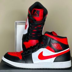 Air Jordan 1’s Mid For Sale. Male Size 10 / Women Size 11.5. Stock X, Nike And Other Retailers Sold For $228. I’m Selling It For $110 Flat. Honest Review It’s Been Worn Twice, It’s Clean, Fairly New, Little To No Crease, Box In Great Condition, Shoes Are Intact, No Marks Or Scratches. Air Jordan 1 Mid Black Fire Red, Jordan 1 Mid Fire Red, Noir Color, Cowboy Shoes, Jordan Red, Size 10 Women, Air Jordan 1 Mid, Jordan 1 Mid, Jordans For Men