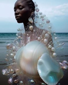 a woman standing on top of a beach next to the ocean with bubbles in her hair