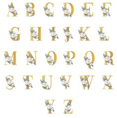 the letters and numbers are decorated with flowers on white paper, as well as gold foil