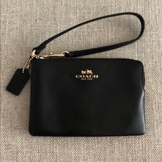 Black Leather Coach Wristlet, Never Used, Perfect Condition! Coach Wristlet Aesthetic, Black Pouch With Wrist Strap For Daily Use, Black Rectangular Wristlet For Gift, Rectangular Black Wristlet For Gift, Rectangular Black Wristlet As A Gift, Chic Black Wallet With Zipper Pouch, Black Clutch Wristlet For Gift, Black Wallet With Wrist Strap For Gift, Black Wallet With Wrist Strap As Gift