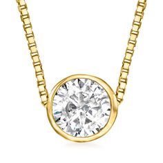 Ross-Simons - .33 Carat Bezel-Set Diamond Necklace in 14kt Yellow Gold. 18". This divine diamond essential will lead a long life in your jewelry box. The stunning .33 carat round brilliant-cut diamond scintillates as it's highlighted by the shine of a polished 14kt yellow gold bezel setting. Necklace suspends from a box chain. Springring clasp, bezel-set diamond necklace. Diamond birthstones are the perfect gift for April birthdays. Classic Round Pendant Diamond Necklace With Single Cut Diamonds, Classic Single Cut Diamond Round Pendant Necklace, Classic Diamond Necklace With Bezel Setting, Classic 14k Gold Solitaire Necklace With Single Cut Diamonds, Classic 14k Gold Diamond Necklace With Round Pendant, Classic Yellow Gold Solitaire Necklace With Single Cut Diamonds, Classic Diamond Necklace With Bezel Setting For Formal Events, Classic Diamond Necklace With Bezel Setting For Formal Occasions, Classic Round Cut Diamond Necklace With Bezel Setting