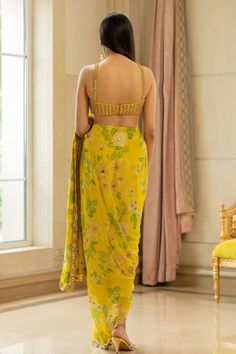 Lime yellow crepe pre-draped saree with floral print and mirror, sequins and thread embroidery. Comes with a cotton silk padded blouse. - Aza Fashions Elegant Yellow Pre-draped Saree With Traditional Drape, Yellow Fitted Pre-draped Saree For Designer Wear, Yellow Georgette Dress With Traditional Drape, Yellow Fitted Pre-draped Saree With Cutdana, Festive Yellow Pre-draped Saree, Yellow Georgette Saree For Summer, Yellow Embroidered Pre-draped Saree, Yellow Silk Pre-draped Saree For Reception, Fitted Yellow Silk Saree