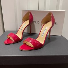 $695+New Manolo Blahnik Catalina Raspberry Patent Leather D'orsay Pumps Sz It39.5/Us 9.5 -Brand New In The Box -Shaped In A Timeless D'orsay Silhouette -Self-Covered Heel, Approx. 4"(105mm) -Patent Leather Upper -Leather Lining -Leather Sole -Made In Italy Luxury Open Toe Formal Heels, Luxury Open Heel Formal Heels, Classic Open Heel Heels For Galas, Luxury Patent Leather Heels For Gala, Designer Patent Leather Heels For Gala, Classic Ankle Strap Heels For Galas, Designer Patent Leather Heels For Wedding, Luxury Heels With Heel Strap For Formal Occasions, Luxury Formal Heels With Heel Strap