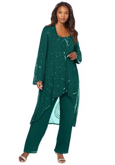 Made of lightweight georgette, this three-piece ensemble is embellished with beading on the top, jacket and pant. Scoop neck. Wide-leg pants with an elastic waist. Open-front jacket. Jacket: 40" length; Top: 28" length; Pants: 30" inseamPetite Jacket: 40" length; Top: 27" length; Pants: 29" inseamPoly georgetteDry cleanImported Customers also love our Three-Piece Lace Duster & Pant Suit. Click here to shop! Customers also love our Lace Popover Dress. Click here to shop!Customers also love our Vi Jacket Formal, Dress Pant Suit, Formal Evening Wear, Pant Suits, Mothers Dresses, Pant Suit, Chiffon Long Sleeve, Dress Pant, Bottom Clothes