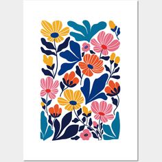 an art print with colorful flowers and leaves in blue, yellow, pink, orange and white