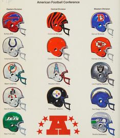 an old football game program with helmets on it's back side and the words american football conference written in red