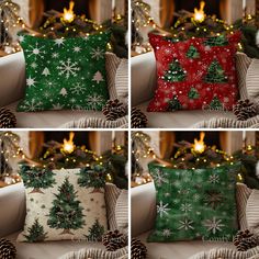 four pillows with christmas decorations on them