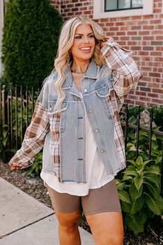 - Be a coffee run cutie in this trendy fall jacket! - Unlined soft cream and brown colored plaid material as well as non-stretch denim with frayed accent seams - A collared neckline - A button down front - Functional chest pockets - Long loose sleeves with button closure cuffs - A relaxed silhouette that ends in an uneven frayed hemline Measurements 1XL : Bust 54", Hip 54", Length 24", Sleeve Length 31", Waist 54". 2XL : Bust 56", Hip 56", Length 24.5", Sleeve Length 31.5", Waist 56". 3XL : Bust Spring Plaid Denim Outerwear, Plaid Denim Outerwear With Long Sleeves, Plaid Denim Outerwear For Fall, Plaid Denim Long Sleeve Outerwear, Spring Plaid Outerwear For Layering, Long-sleeved Plaid Denim Outerwear, Medium Wash Outerwear With Frayed Hem For Fall, Fall Brown Denim Outerwear, Fall Denim Outerwear In Brown