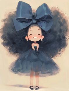 a drawing of a girl wearing a blue dress with a big bow on her head