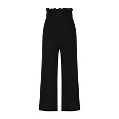 Black Ruffled High Waist Wide Leg Pants with Pocket Chic Ruffled Pants For Workwear, Black Wide Leg Bottoms With Ruffles, Black Ruffled Pants For Summer, Elegant High Waist Pants With Ruffles, Chic Wide Leg Pants With Ruffles, Elegant High-waist Pants With Ruffles, Chic Black Ruffled Pants, Summer Black Ruffled Pants, Chic Ruffled Trousers