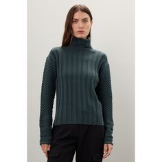 Green knit (70% Acrylic, 30% Wool). Sweater. Long sleeves. Turtleneck. Pull on. 24" from shoulder to hemline. Imported. Winter Workwear Textured Knit Turtleneck, Stretch Textured Knit Turtleneck, Casual Textured Knit Turtleneck For Work, Fall Knitted Turtleneck Top, Fitted Textured Knit Winter Sweater, Fall Textured Knit Turtleneck Top, Merino Wool Knit Sweater For Work, Knitted Turtleneck Top For Office, Winter Textured Knit Stretch Top