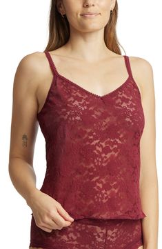 Channel sheer romance in this lacy cami with a soft lettuce-edge hem. V-neck Elasticized straps Sheer 85% nylon, 15% spandex Hand wash, dry flat Imported Lace Camisole With Adjustable Straps, Lace Tank Top With Adjustable Spaghetti Straps, Lace Cami Tank Top With Adjustable Straps, Lace Stretch Camisole Tank Top, Stretch Lace Camisole Tank Top, Stretch Lace Camisole With Straps, Stretch Lace Cami Tank Top, Lace Tank Top With Spaghetti Straps, Stretch Sleeveless Camisole With Delicate Lace