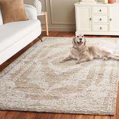 a dog laying on top of a rug in a living room