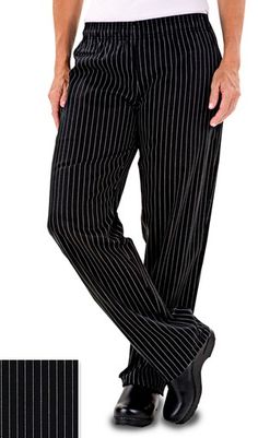 Pinstripe Trousers With Pockets, Relaxed Fit Pinstripe Bottoms With Pockets, Striped Straight Pants With Pockets, Striped Straight Leg Pants With Pockets, Pinstripe Bottoms With Pockets Relaxed Fit, Chef Dress, Chef Uniforms, Cobbler Aprons, Restaurant Uniforms