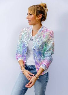 Women's Icy Ombre Sequin Jacket Iridescent Long Sleeve Outerwear For Spring, Spring Iridescent Long Sleeve Outerwear, Summer Sequined Outerwear, Pink Long Sleeve Outerwear For Party Season, Trendy Multicolor Sequined Outerwear, Pink Sequined Outerwear For Spring, Disco Style Spring Party Outerwear, Spring Disco Party Outerwear, Iridescent Fitted Long Sleeve Outerwear