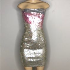 This Dress Is Absolutely Stunning. The Main Material Is Silk, Adorned With Intricate Sequins In A Sequence Of Light Grey, Pink And A Multicolor Rainbow. An Outstanding Collectors Piece That Will Garner Compliments Where Ever Worn. Pre-Owned And In Excellent Condition. Note That As A Sequinned Item There Are Instances Of Pulled Threads And Missing Sequins. Condition Excellent Pink Strapless Embellished Sequin Dress, Strapless Sequin Dress, Oleg Cassini, Sequin Dress, Black Tie, Strapless Dress, Light Grey, Sequin, Rainbow