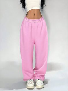 Women's Casual Solid Color Elastic Waist Sweatpants Pink    Fabric Plain Straight Leg Slight Stretch  Women Clothing, size features are:Bust: ,Length: ,Sleeve Length: Harem Sweatpants, Cute Sweatpants, Grey Colour Suit, Sweatpants Style, Pink Sweatpants, Women Crew Socks, Rose Bonbon, Womens Tights, Pink Pants