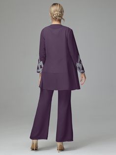 Details:      Fabric: Chiffon; Lace  Neckline: Round Neck  Sleeve Length: Long Sleeves  Embellishment: Sequins  Dress Length: Floor Length   Available in full size range (US0-US30) and in   custom size Elegant Purple Georgette Sets, Chiffon Long Sleeve Party Sets, Chiffon Long Sleeve Sets For Party, Chiffon Party Set With Long Sleeves, Elegant Georgette Pant Set, Fitted Chiffon Long Sleeve Sets, Fitted Chiffon Set With Long Sleeves, Elegant Sets With Sheer Long Sleeves, Fitted Elegant Georgette Pant Set