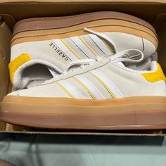 Adidas Gazelle Bold Ivory/White/Bold Gold Brand New With Tags Size Size 5 Women Adidas Gold, Adidas Gazelle Bold, Adidas Outfit Shoes, Gazelle Bold, Gold Adidas, Hype Shoes, Adidas Outfit, Shoes Adidas, Gold Branding