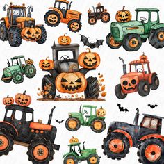 a collection of farm vehicles with pumpkins on them