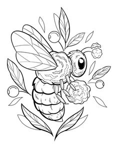 a black and white drawing of a bee with flowers