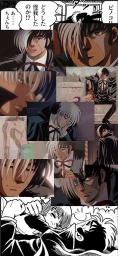 an anime character collage with many different pictures and captioning them in black and white