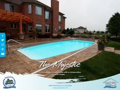 an advertisement for a swimming pool in front of a large brick house with landscaping around it