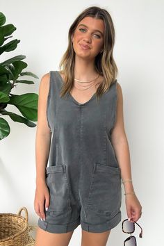 Ash Black / S Brittley Washed Denim Romper - FINAL SALE - Madison and Mallory Spring V-neck Overalls With Pockets, Spring Cotton V-neck Denim Jumpsuit, Cotton Denim V-neck Jumpsuit, Summer Denim V-neck Jumpsuit With Pockets, Casual V-neck Denim Jumpsuit With Pockets, Summer V-neck Denim Jumpsuit With Pockets, Spring V-neck Cotton Denim Jumpsuit, Trendy V-neck Denim Jumpsuit For Summer, Sleeveless Shortalls With Pockets For Day Out