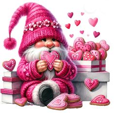 a painting of a pink santa clause holding a heart shaped cookie in front of valentine's cookies