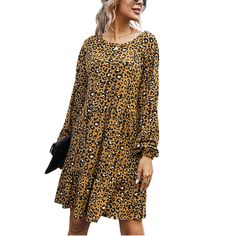 Brown Leopard Print Ruffled Hem Long Sleeve Dress Leopard Print Dress With Ruffles For Fall, Fall Leopard Print Dress With Ruffles, Casual Mini Dress With Ruffles For Fall, Casual Mini Dress With Ruffle Hem For Fall, Short Midi Dress, Women Dresses Casual, Ruffle Dresses, Long Sleeve Boho Dress, Long Sleeve Ruffle Dress