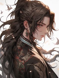 an anime character with long hair and piercings