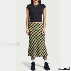 Olivia Mark - Retro Slim Fit Plaid Mermaid Hem Skirt - High Waist Checkered Midi Skirt Fitted Casual Maxi Skirt For Summer, Green Fitted Casual Pencil Skirt, Green Fitted Casual Skirt, Casual Fitted Green Skirt, Casual Long Pencil Skirt For Summer, Casual Fitted Lined Pencil Skirt, Casual Green Lined Pencil Skirt, Casual Fitted Denim Skirt, Casual Fitted Lined Skirt