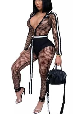 Sexy Women Fishnet Side Stripe Hooded Jumpsuit with Belt Zipper Up Long Sleeve mesh Sexy Sheer Club Rompers Luxury Dress Classy, Hood Outfits, Black One Piece Jumpsuit, Club Romper, Mesh Romper, Clubwear Jumpsuits, Lingerie Design, Jumpsuit With Belt, Mesh Hoodie