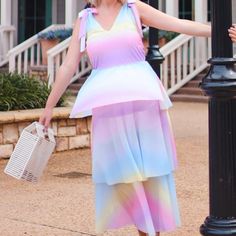 This Whimsical Dress Is A Need For Your Summer Vacays! The Pastel Colors Are Everything! Rainbow Print Mesh Multicolor Ombre Layered Skirt Size Bust Waist Hips S (4-6) 34-35 27-28 36-37 M (8-10) 36-37 29-30 38-39 L (12-14) 38-40 32-33 41-42 Lis Is 5'7 And Wears A Size Medium Calvin Klein Blue Dress, Core Outfits, Vici Dress, Whimsical Dress, Nostalgia Core, Asymmetrical Midi Dress, Sleeveless Shirt Dress, Little Red Dress, Linen Midi Dress