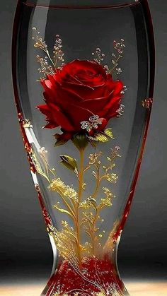 a red rose in a glass vase with water on the bottom and gold accents around it