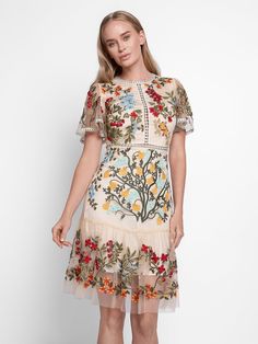 Kimora Embroidery Mini Dress Floral Knee-length Dress For Garden Party, Floral Embellished Knee-length Dress For Garden Party, Embroidered A-line Mini Dress For Spring, Spring A-line Dress With Embroidered Hem, Summer Floral Embellished Knee-length Midi Dress, Knee-length Floral Applique Midi Dress, Spring Floral Embellished Knee-length Midi Dress, Floral Embroidered Midi Dress For Garden Party, Knee-length Summer Midi Dress With Floral Embroidery