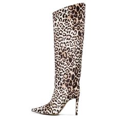 Stride in style with these fierce Brown Leopard Print Knee-High Boots. Featuring a pointed toe and stiletto heel, these boots effortlessly blend fashion-forward design with untamed sophistication. Color: Brown Heel Type: Stiletto heel Heel height: 4.33" / 110 mm approx Product measurements were taken using size 8. Please note that measurements may vary by size. Toe: Pointed toe The side zipper design makes it easier to wear on Wide calf design All-over leopard print Handcrafted US sizing. Fits true to size. Fall Knee-high Boots With Pointed Toe, Leopard Print High Heel Boots For Party, Fitted Knee-high Boots With Pointed Toe, Pointed Toe Leopard Print Party Boots, Trendy Brown Pointed Toe Knee-high Boots, Trendy Brown Knee-high Boots With Pointed Toe, Chic High Heel Leopard Print Boots, Trendy Leopard Print Pointed Toe Boots, Chic Leopard Print High Heel Boots